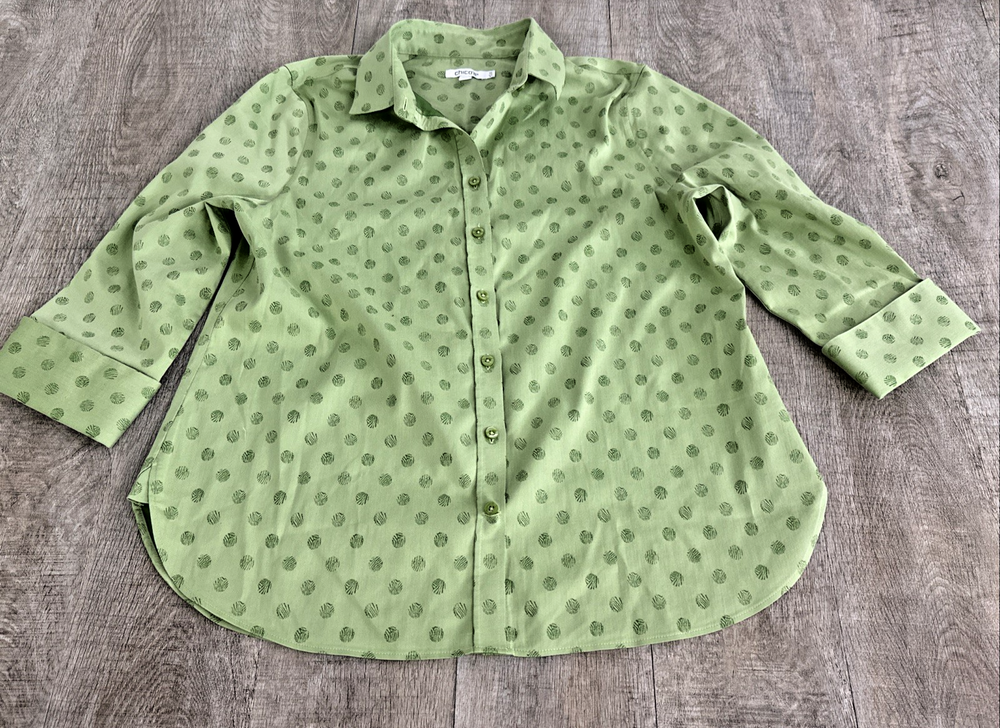 Chico's No Iron Stretch Dot Print 3/4 Sleeve Tunic Shirt Women's 1.5 US(M) Green