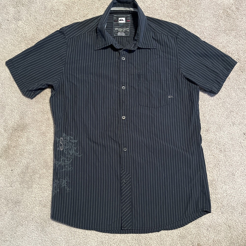 Quicksilver Button Up Shirt Men S Black Striped Embroidered Y2K Streetwear