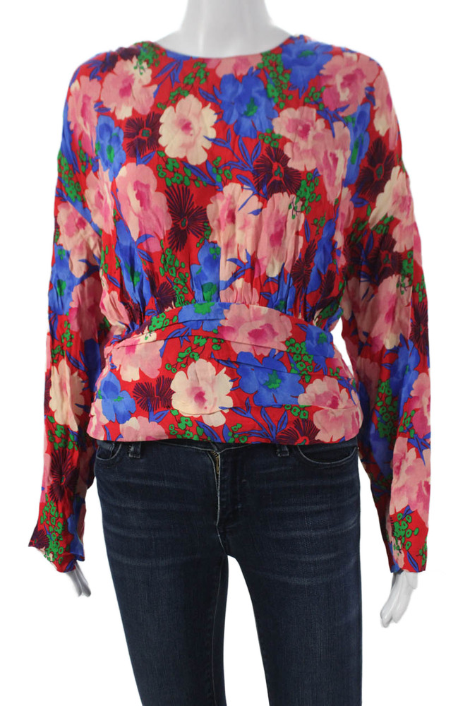 Zara Womens Floral Multicolor Viscose Round Neck Long Sleeve Blouse Size LFree Shipping in US $100+ Orders | $6.95 Orders Below