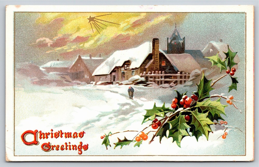 TUCK~Christmas Greetings~Winter Town Scene W/ Star & Holly~Vintage Postcard