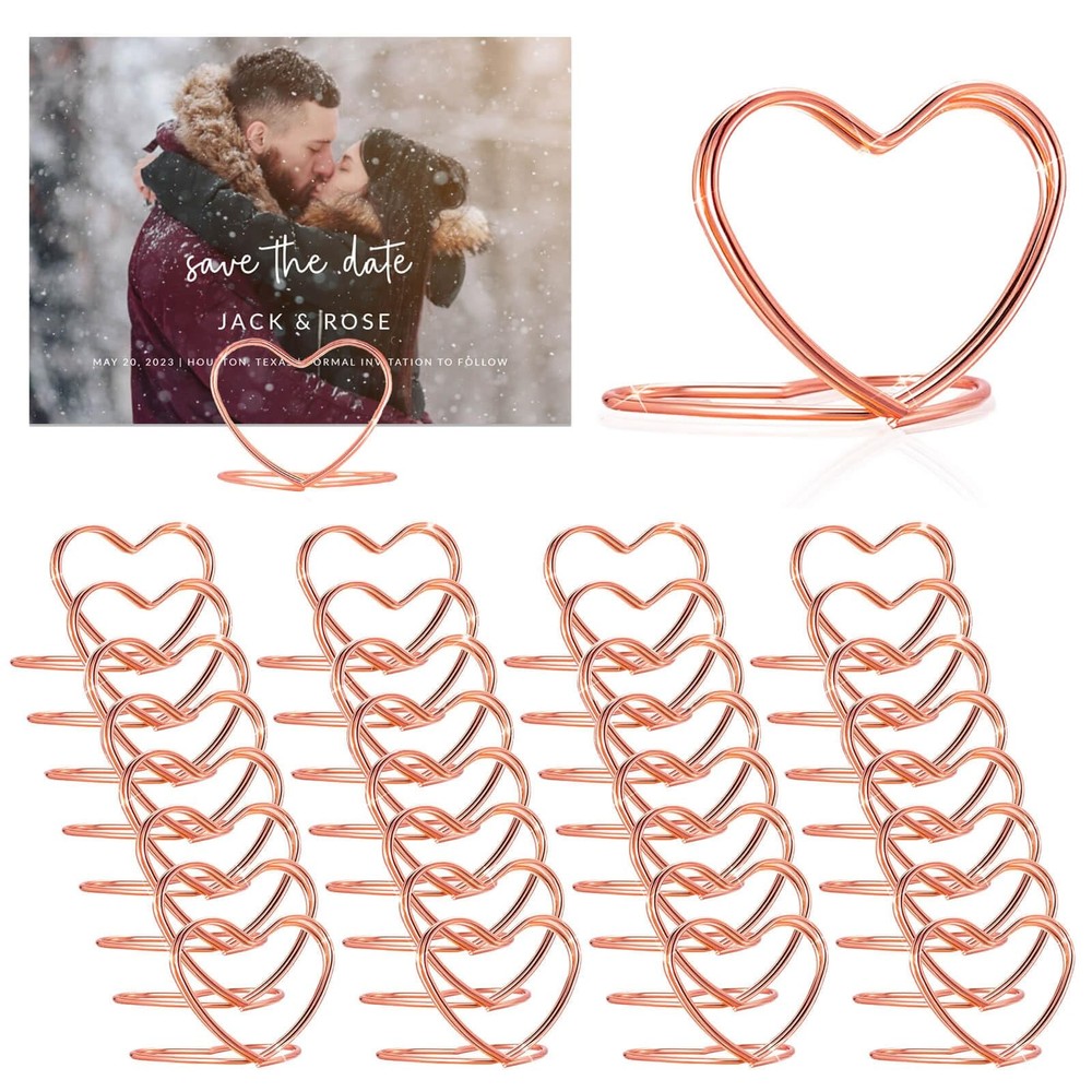 Gold Table Number Place Card Holders 32 PCS, Heart Shape Photo Card Stand Bus...