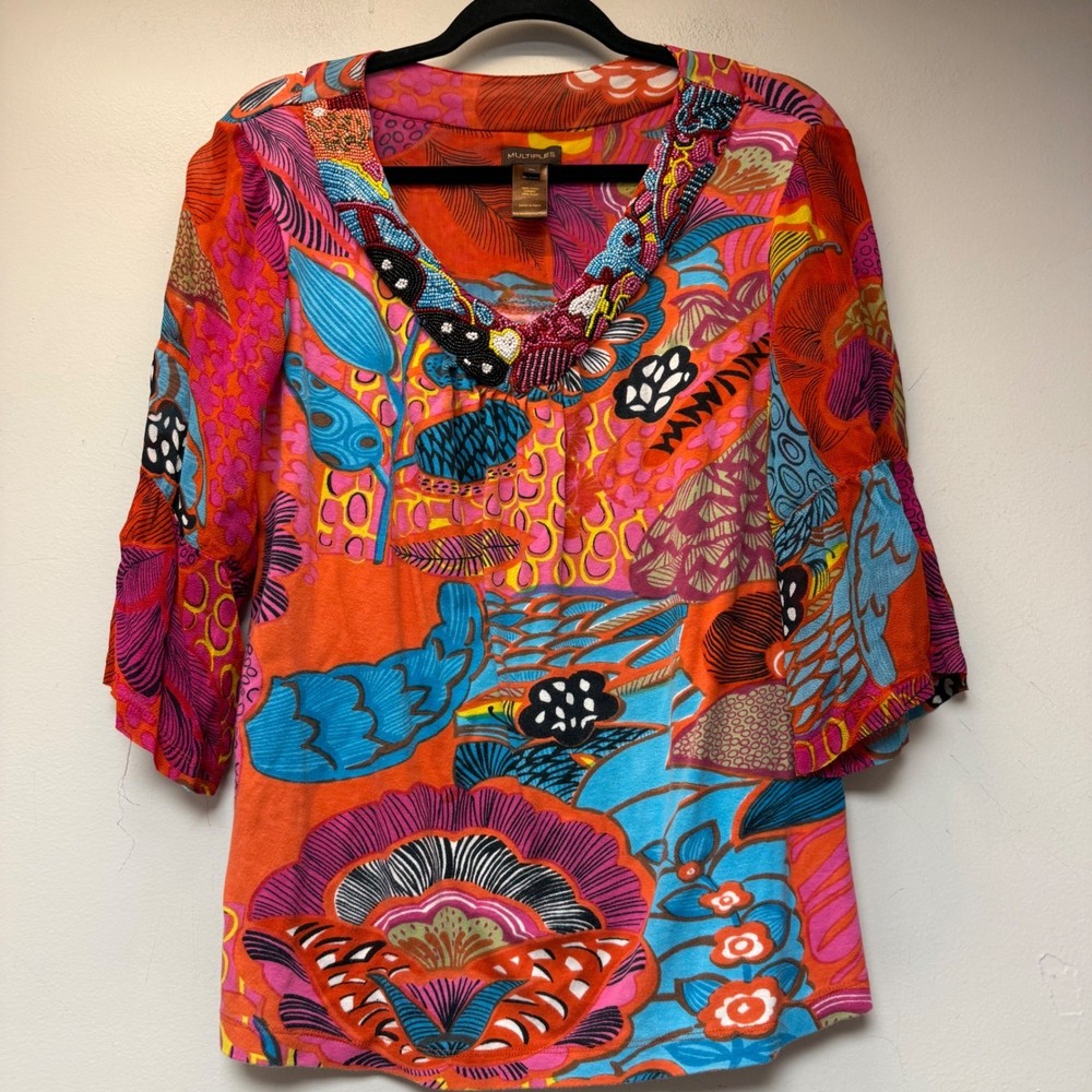 Multiples Tunic Top Womens XL Orange Floral Beaded V-Neck 3/4 Bell Sleeve Boho