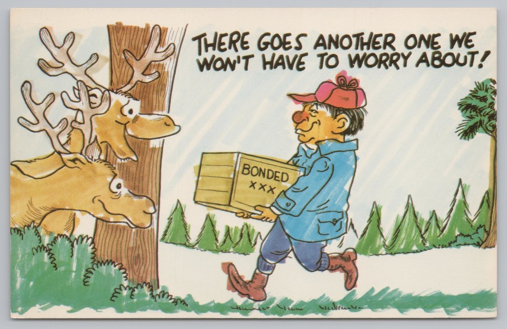 Animal~Comic~Deer Peek Behind Tree~Man with Bonded Box~Vintage Postcard