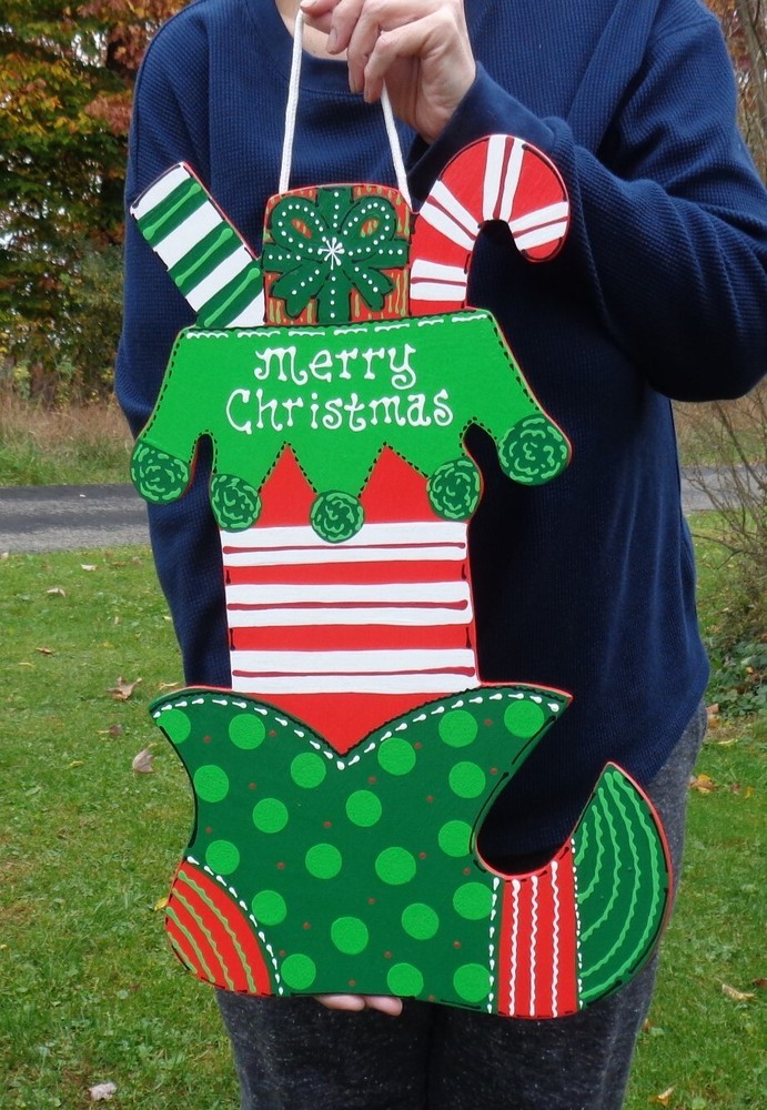 Merry Christmas ELF STOCKING SHOE SIGN Wall Door Hanger Plaque Wreath Accent-image