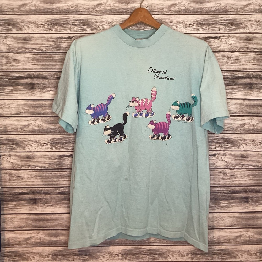 Vintage Stanford Connecticut Shirt Mens XL Blue Cats Graphic Tee Lifestyles 90s