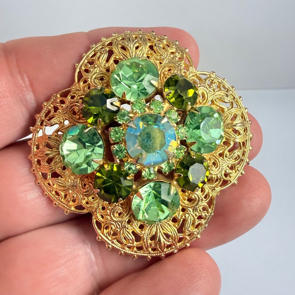 Vintage Green Rhinestone AB Center Gold Tone Filigree Brooch Pin