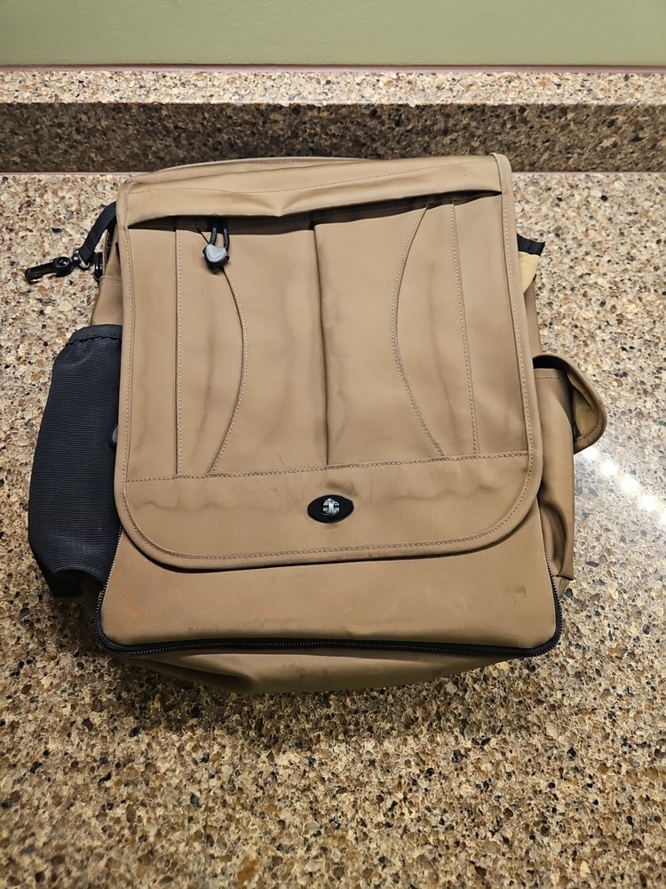 LL Bean Traveler Nylon Messenger Back Pack Travel Bag Khaki Brown