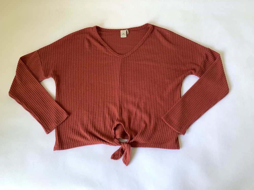 Anthropologie Womens Small Red Waffle Knit Paper Crane Blouse with Long Sleeves and Tie Detail