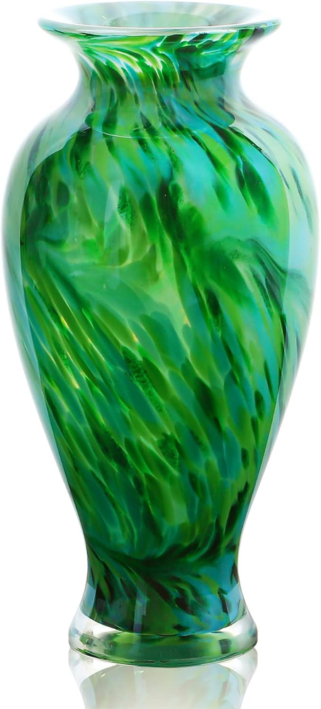 Hand Blown Green Classic Vase for Home Decor, 11.5Inch Glass Flower Vase for She