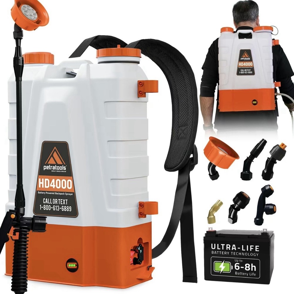 PetraTools Battery Powered Backpack Sprayer 4 Gallon  6 Hours Long Battery Li...