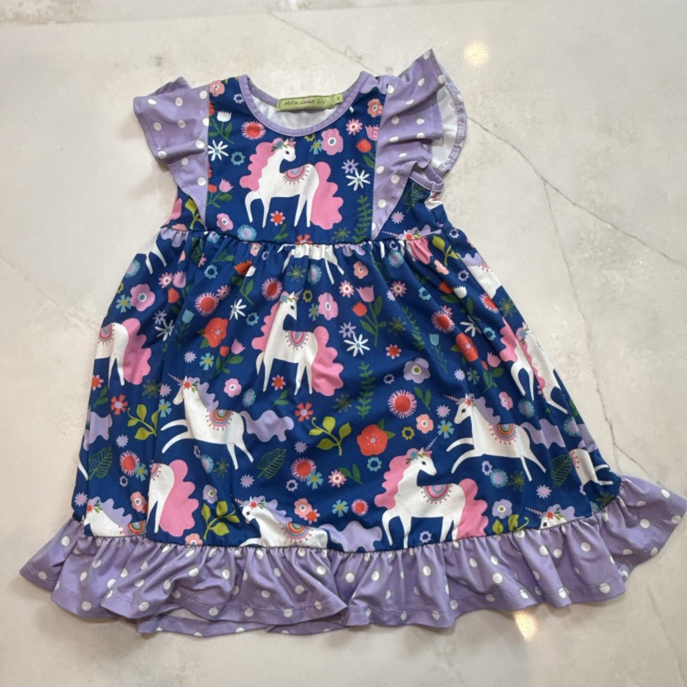 Millie Loves Lily Girls Dress Unicorn Floral Purple Blue Ruffle Sleeve Size 4
