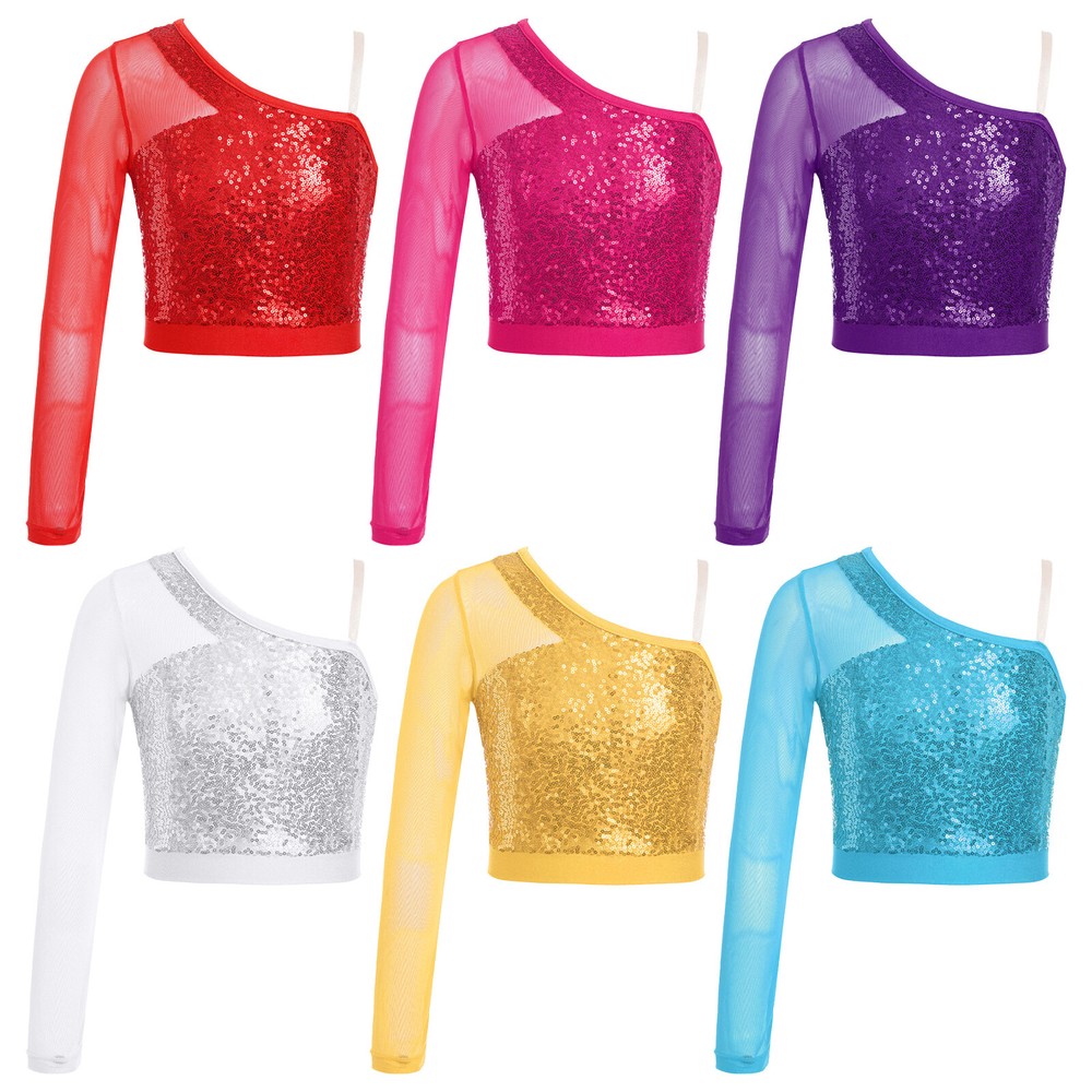 US~ Girls One Shoulder Long Sleeve Sequin Crop Tops Jazz Hip-hop Dance Shirts