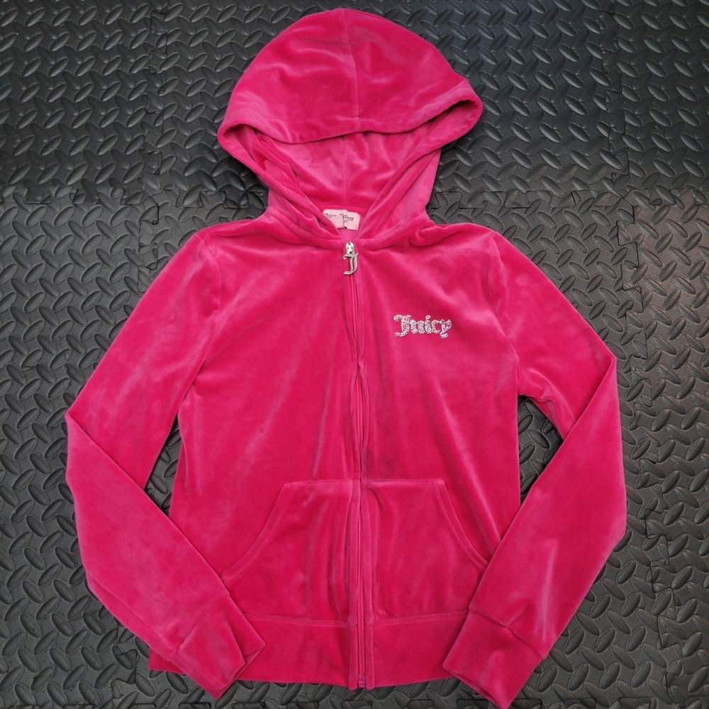 Juicy Couture Velour Hoodie Womens XS Pink Zip Up Rhinestone Logo Y2K