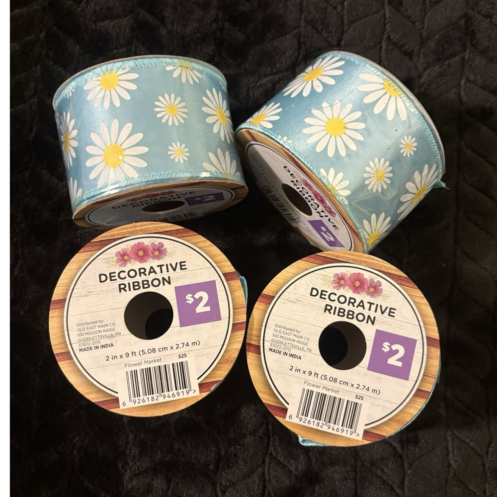Flower Market Decorative Ribbon Lot 4 Wire-Edged Spools 2 in x 9 ft Daisy