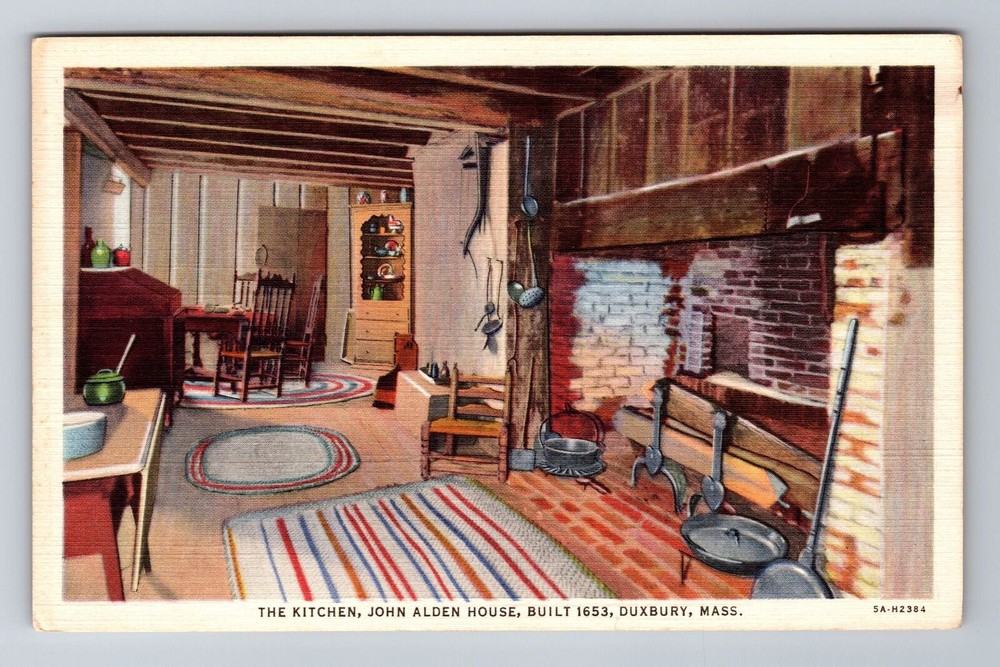 Duxbury MA-Massachusetts, John Alden House Kitchen, Vintage Souvenir Postcard