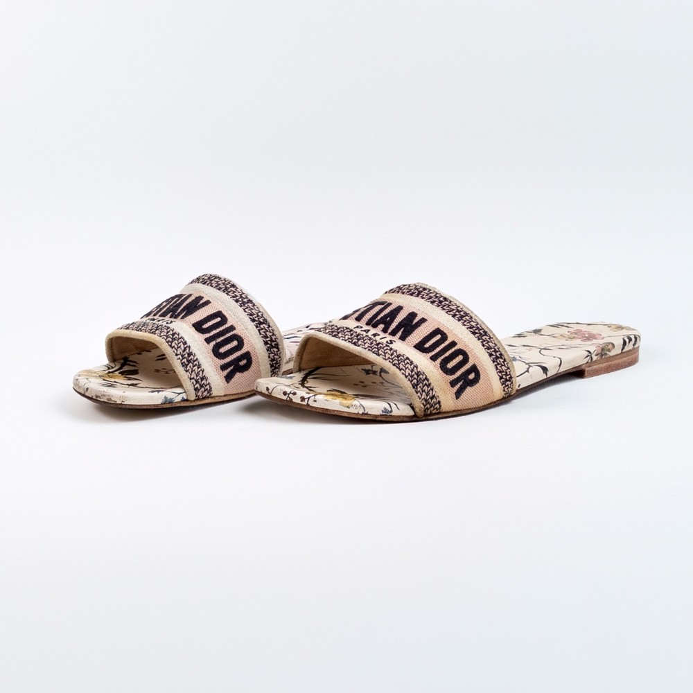 Christian Dior J’Adior Canvas Logo  Dway Slides Floral Insole SZ EU 37.5  US 7.5