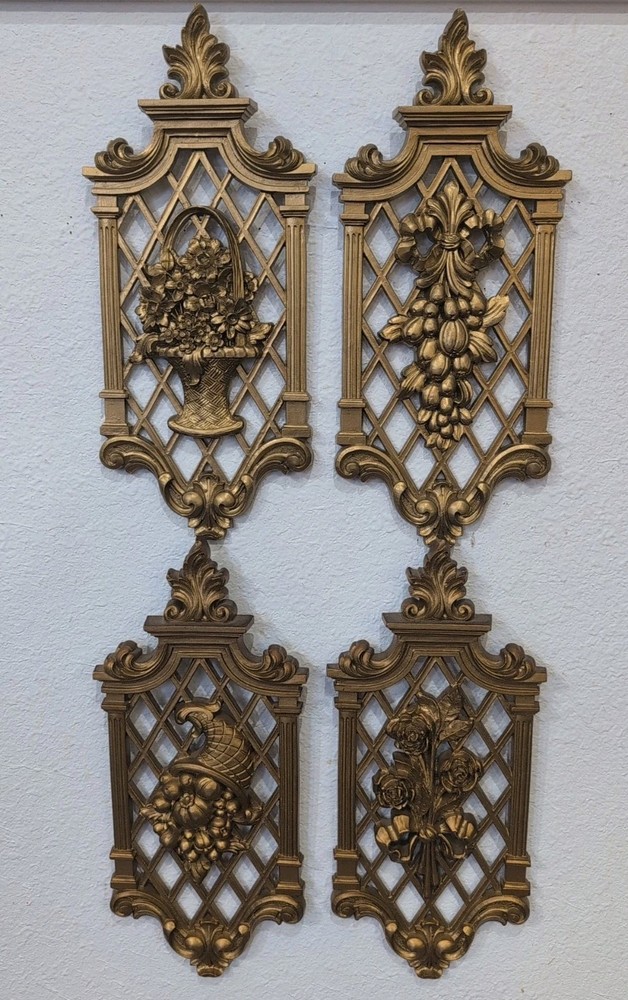 Vintage Set Of 4 Dart Industries Wall Plaque Gold Lattice Hollywood Regency