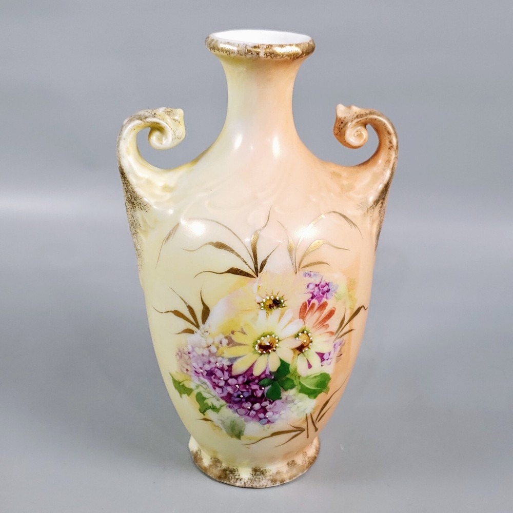 Antique ES ROYAL SAXE Germany Floral Bouquet Yellow Pink Gold Porcelain VASE