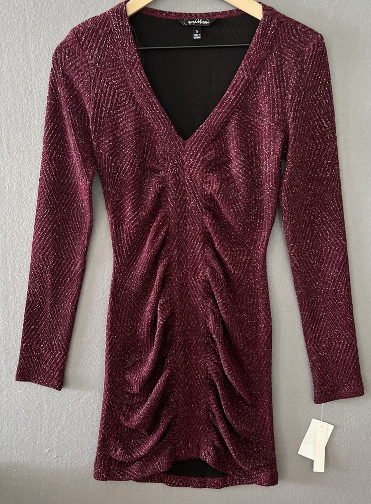 Speechless Womens Burgundy Sparkle Ruched Bodycon Dress Size Small NWT
