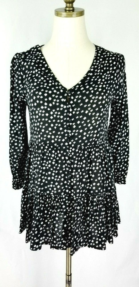 Maeve Anthropology Black White Geometric Ruffle Hem Blouse Size XS