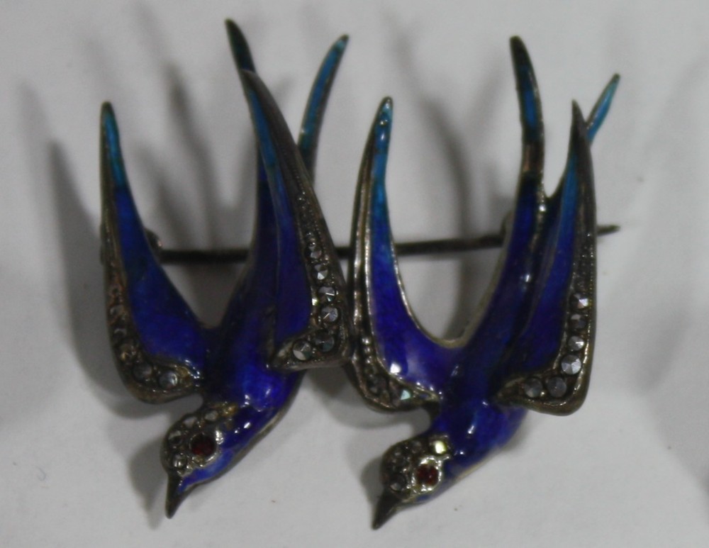 Antique swallow bird brooch, sterling silver, blue enamel marcasite stones