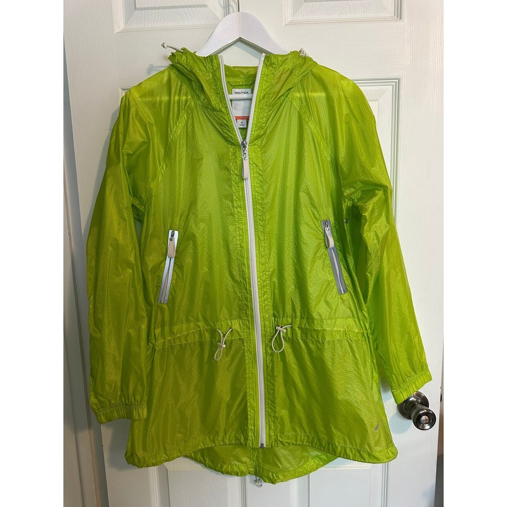 Nautica Performance Womens Neon Lime Green Full Zip Hooded Windbreaker Jacket M