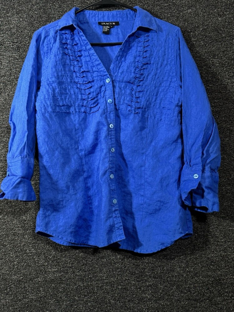 Tracy M Womens Shirt Button Up Long Sleeve 100% Linen Blue Size L