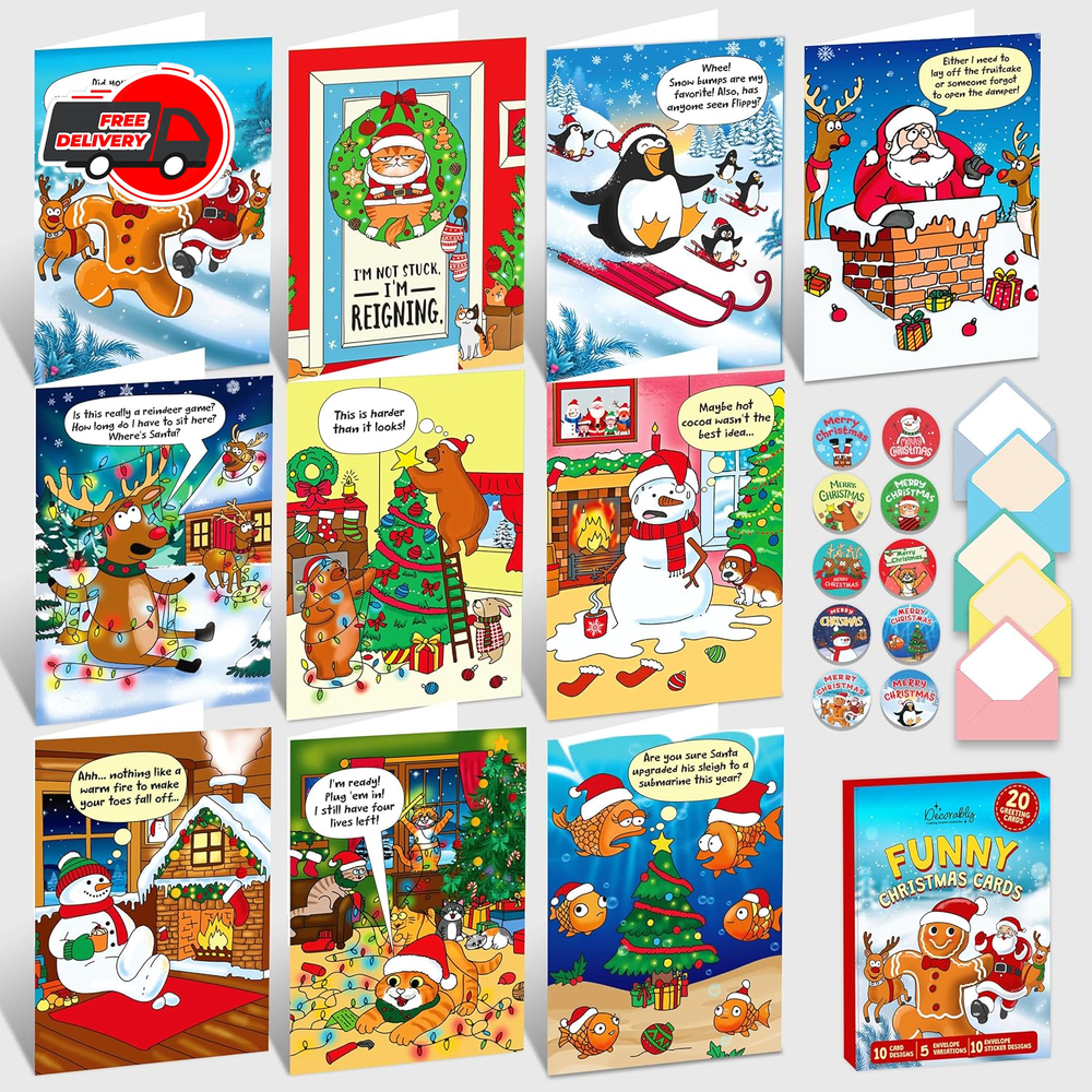 20 Boxed Funny Christmas Cards Set - Adult Cartoon and Comic Humor, Xmas