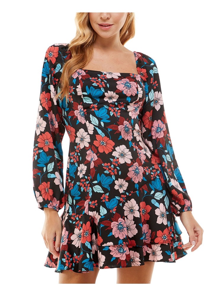 CITY STUDIO Womens Black Lined Long Sleeve Short Fit + Flare Dress 3