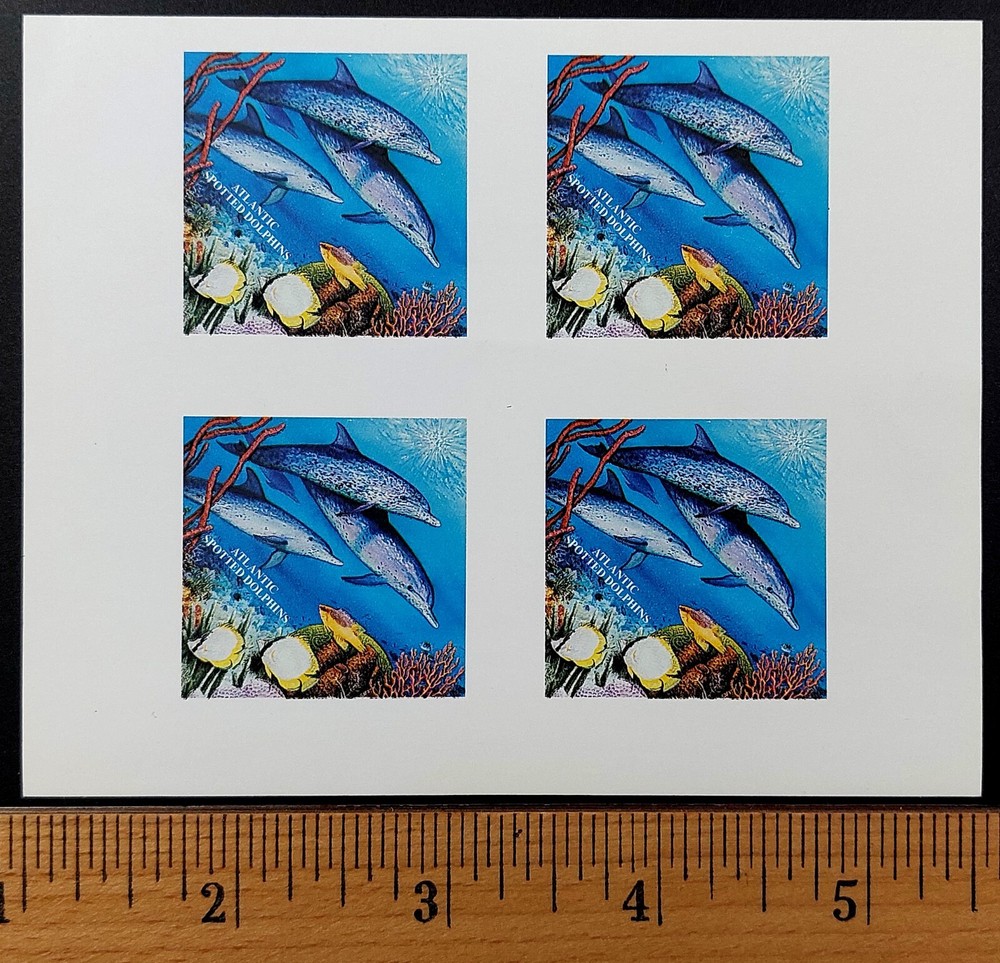 1995 USA $10 Marine Conservation Stamps, sample sheet of 4. Missing black print.