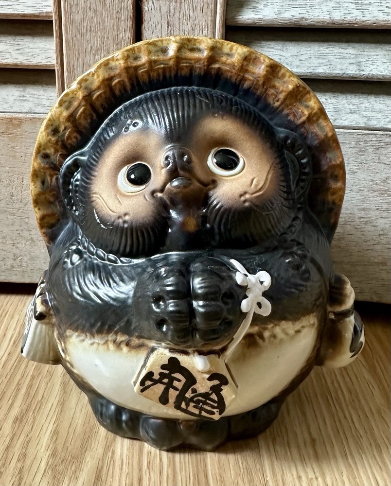 Tanuki Japanese Raccoon Dog Ceramic Figurine Statue Shiragaki Ware Lucky Charm