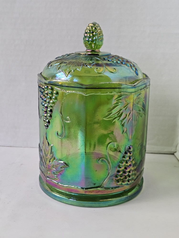 Indiana Green Carnival Glass Grape Canister Jar W/lid Iridescent Vintage