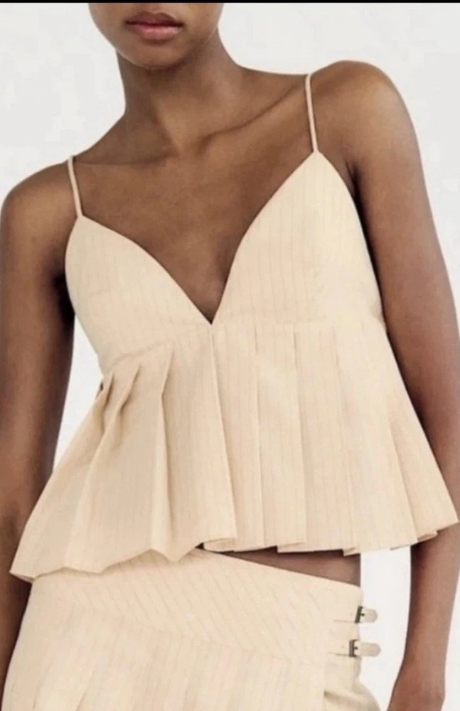 NWT Zara XL Cotton Pleated Spaghetti Crop Top Beige Striped Festival Deep V Neck