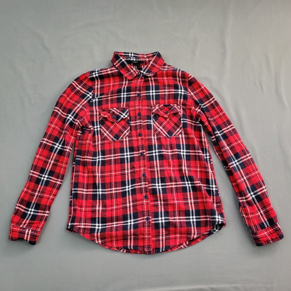 Forever 21 Shirt Womens Small S Long Roll Tab Sleeve Button Up Flannel Plaid Red