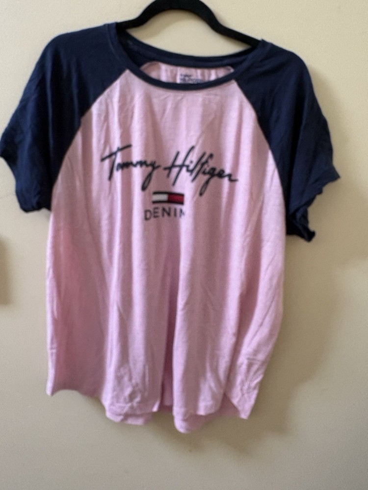 Tommy Hilfiger Pink/Blue Raglan Graphic Logo Short Sleeve Crew Tee XL
