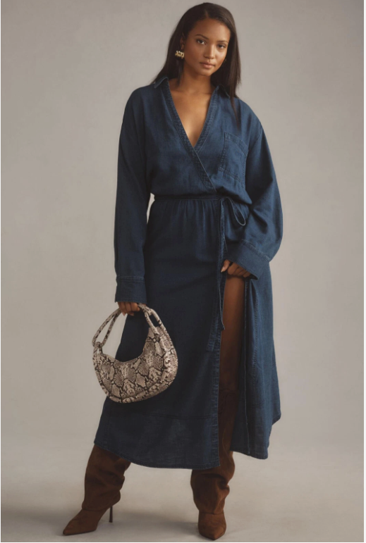 Anthropologie Pilcro V-Neck Wrap Midi Dress Size XS Denim Dark Blue Tie Front
