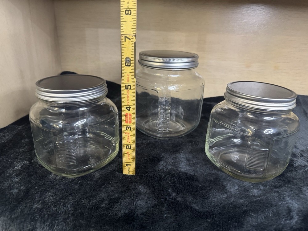 Vintage MCM Glass Canisters Set Of 3 Ribbed Pantry Hoosier Style Jars, Farmhouse