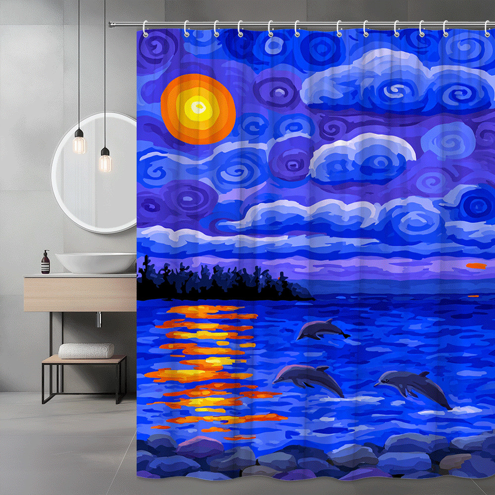 Dolphin Sunset Ocean Shower Curtain Blue Purple Graphic