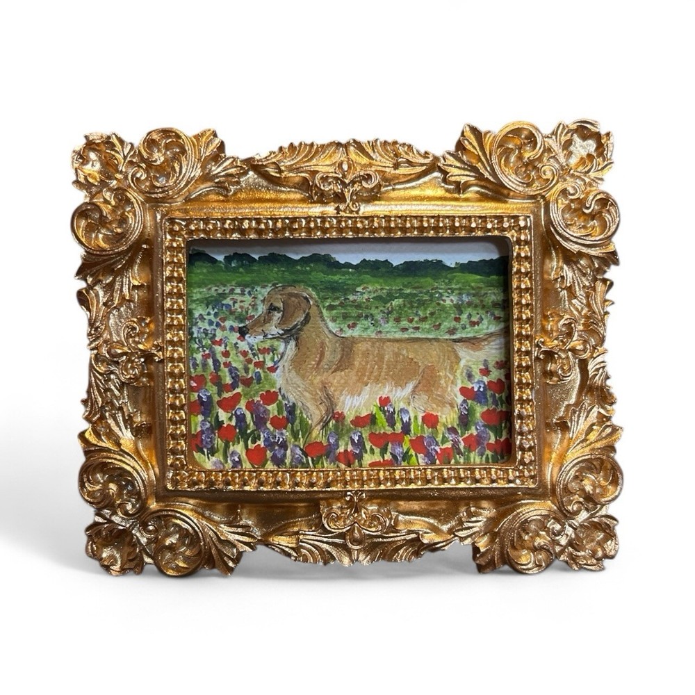 Red poppy landscape Golden retriever mini watercolor print in gold ornate frame