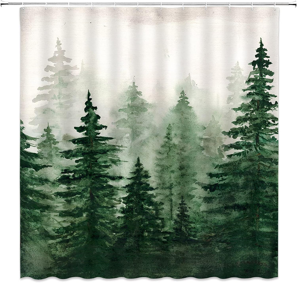 Misty Forest Shower Curtain with Pine Tree Watercolor Design in Foggy Jungle Mountain Theme-image