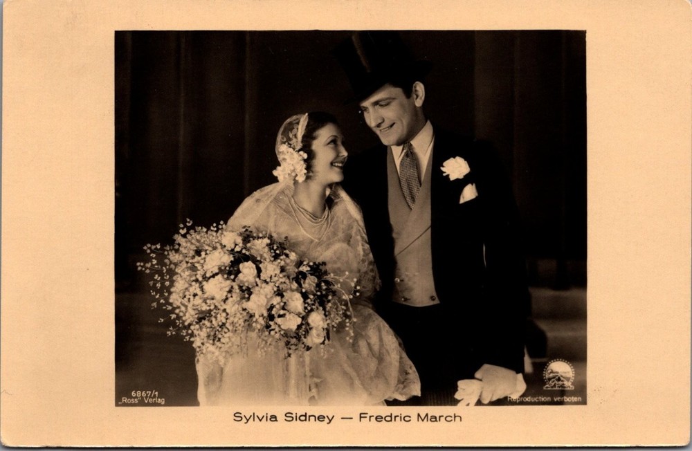 1932 Sylvia Sidney Fredric March Wedding Photo Postcard Ross Verlag RPPC