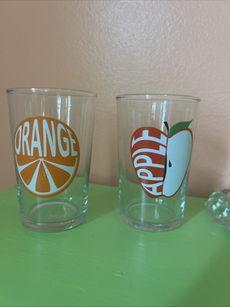 Set of 2 Vintage Luminarc 4” Juice Glasses Orange Apple Retro Mod