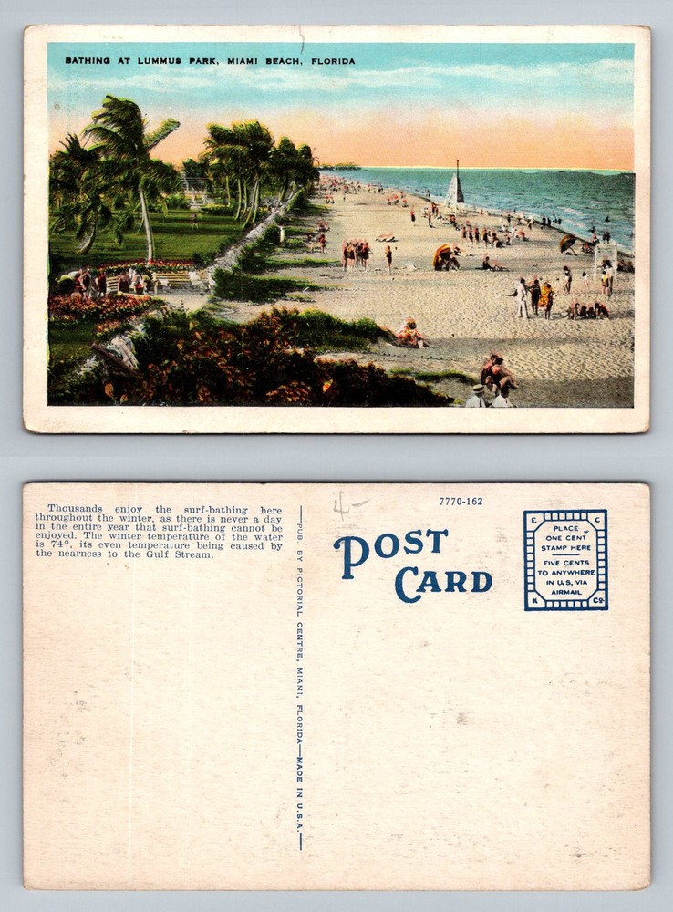 Miami Beach, FL-Florida, Bathing Lummus Park Surf Beach Scene Vintage Postcard
