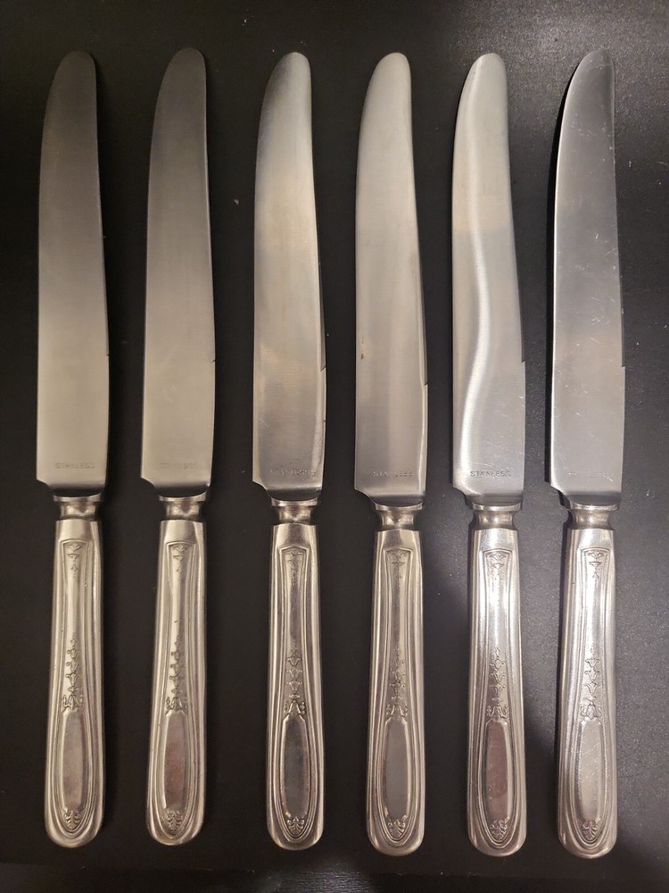 Set of 6 Oneida Community Tudor Plate 1929 Enchantment Bounty Dinner Knives, Vintage Stainless Steel Cutlery