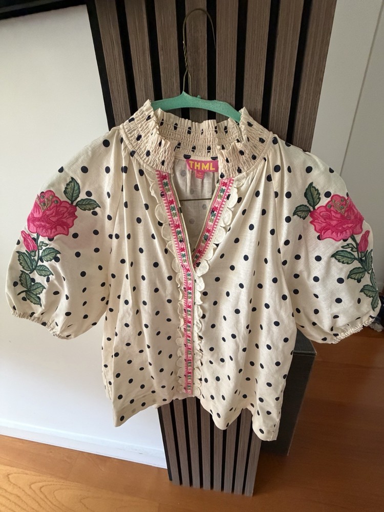 THML Polka Dot Floral Embroidered Puff Sleeve Blouse, Ruffled Neck, Size M