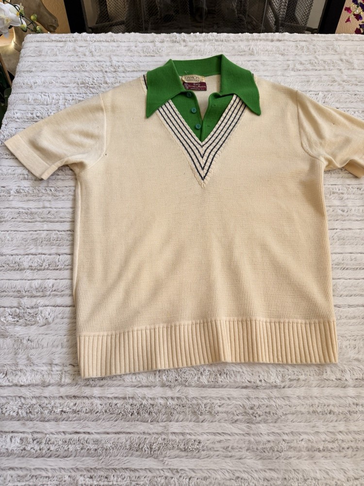 Vintage Damon Italy Knit Golf Sweater Polo Mens M Cream Green Short Sleeve Retro