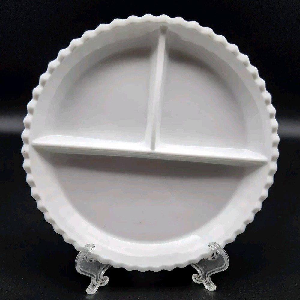 Vintage White Milk Glass Divided Plate Relish Child's Dish Scalloped Edge Design