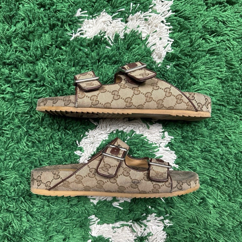 Gucci Monogram Beige Slide Sandal Strap Size 10G / 10.5M