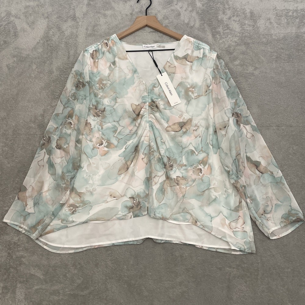 Calvin Klein Women’s 2X Aqua Floral Watercolor Ruched Chiffon Blouse NWT
