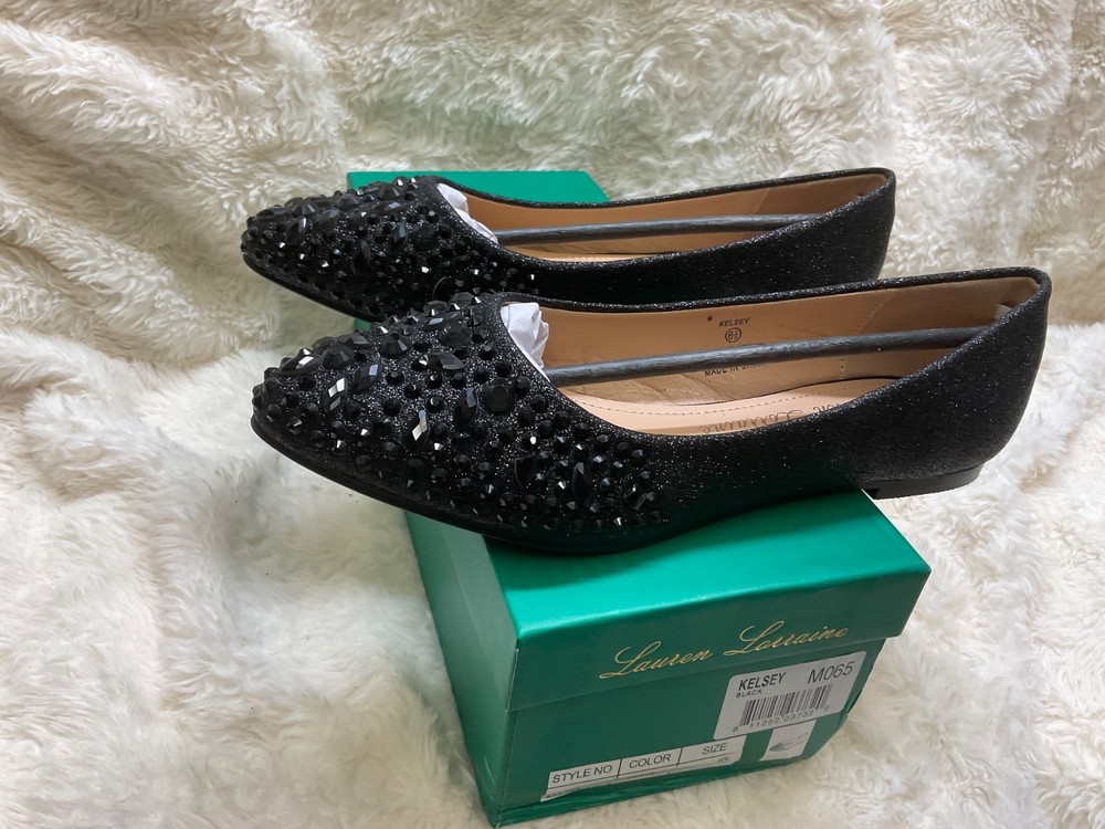 Lauren Lorraine Kelsey Black Sparkly Rhinestone Flats 6.5 US